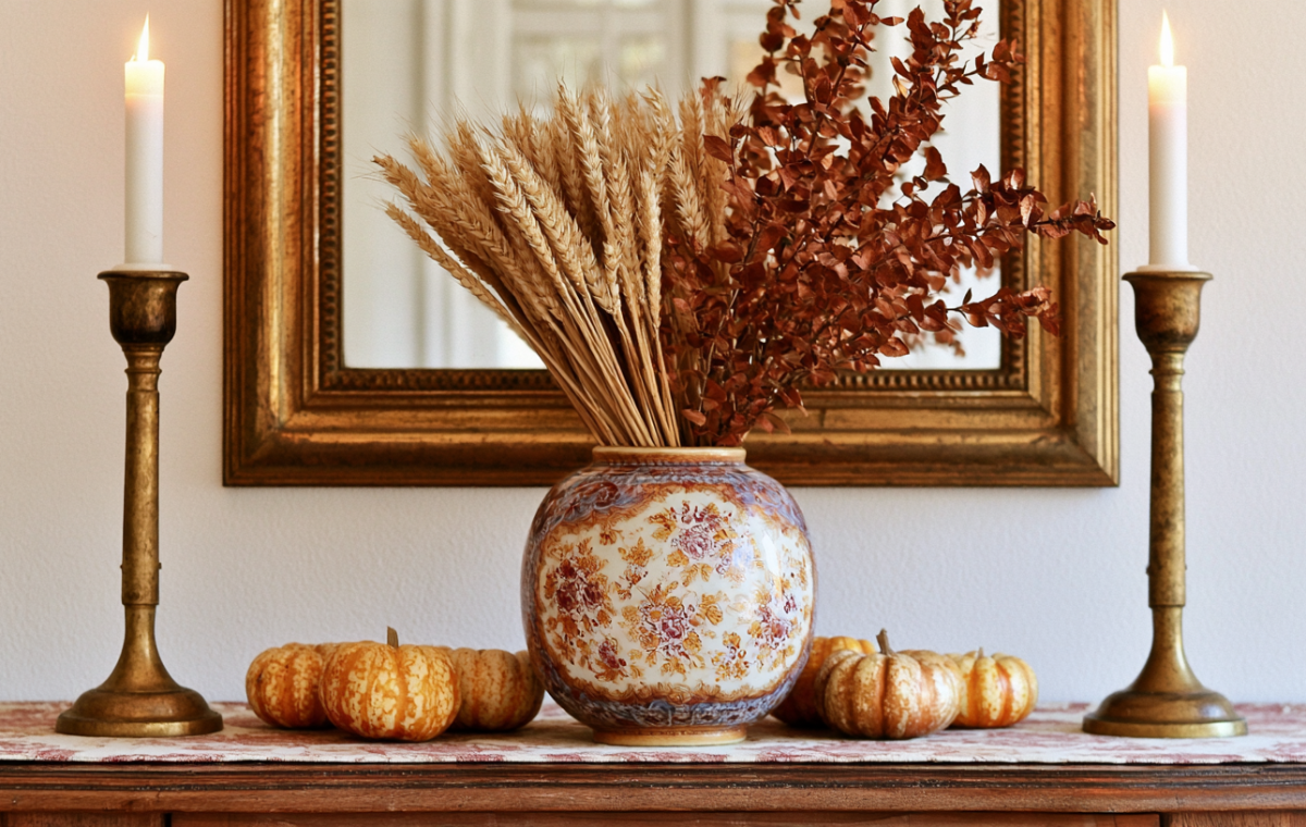 Fall mantel decor featuring a floral ceramic vase filled with wheat, brass candlesticks, and small pumpkins.