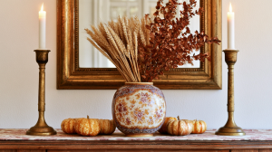 Fall mantel decor featuring a floral ceramic vase filled with wheat, brass candlesticks, and small pumpkins.