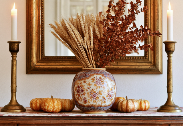Fall mantel decor featuring a floral ceramic vase filled with wheat, brass candlesticks, and small pumpkins.