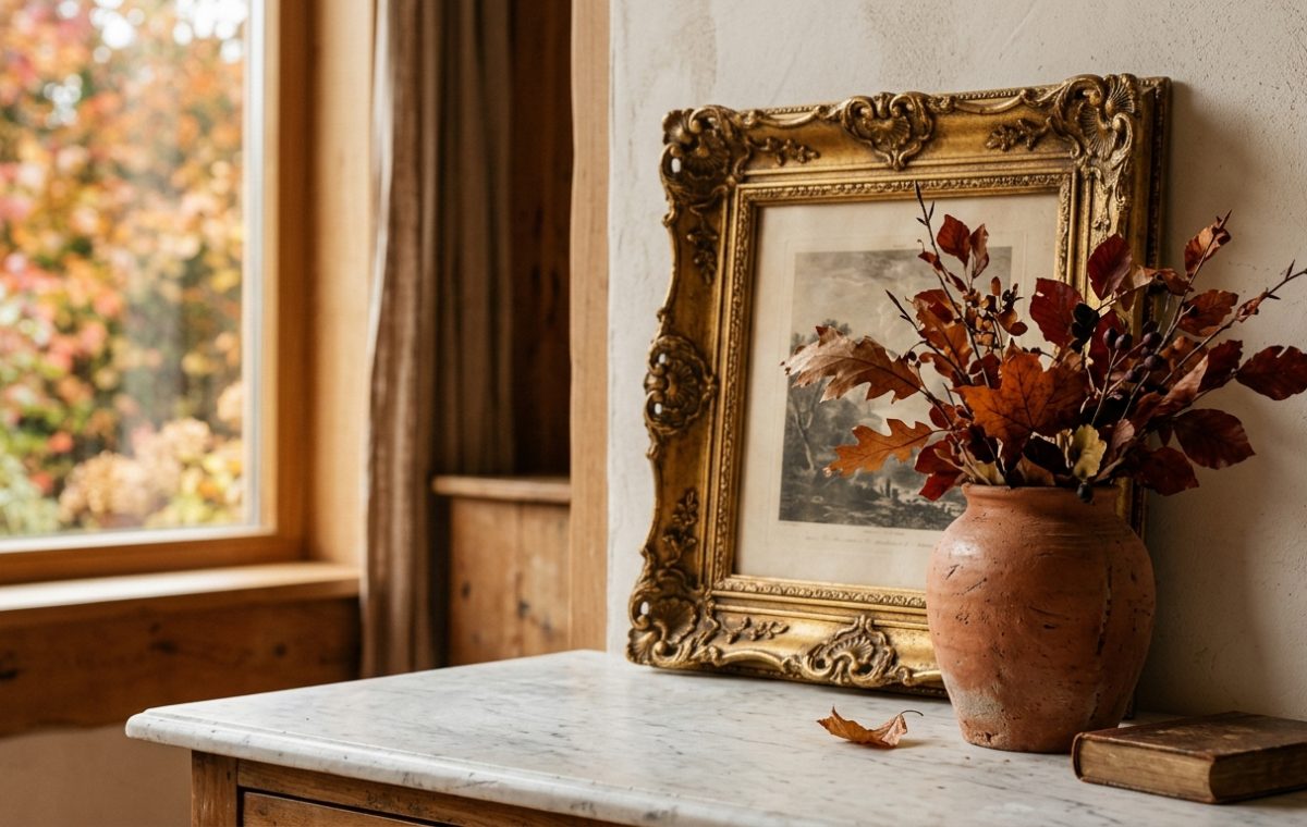 fall shelf styling ideas featuring vintage gold frame and terracotta vase with dried leaves on a marble console table