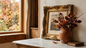 fall shelf styling ideas featuring vintage gold frame and terracotta vase with dried leaves on a marble console table