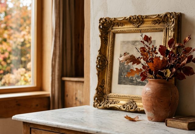 fall shelf styling ideas featuring vintage gold frame and terracotta vase with dried leaves on a marble console table