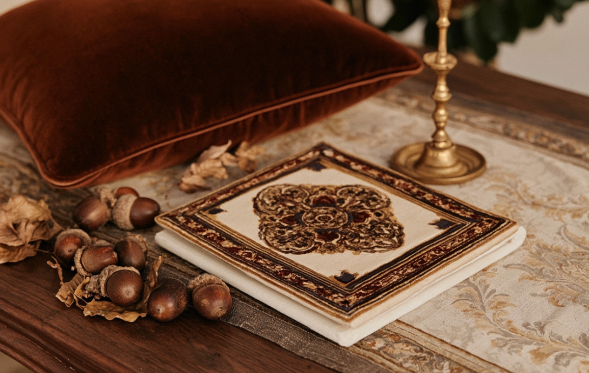 Fall table runner styling featuring an ornate book, brass candlestick, acorns, and a rust velvet pillow on a rustic wooden table.