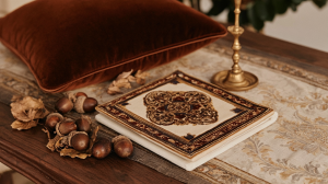 Fall table runner styling featuring an ornate book, brass candlestick, acorns, and a rust velvet pillow on a rustic wooden table.