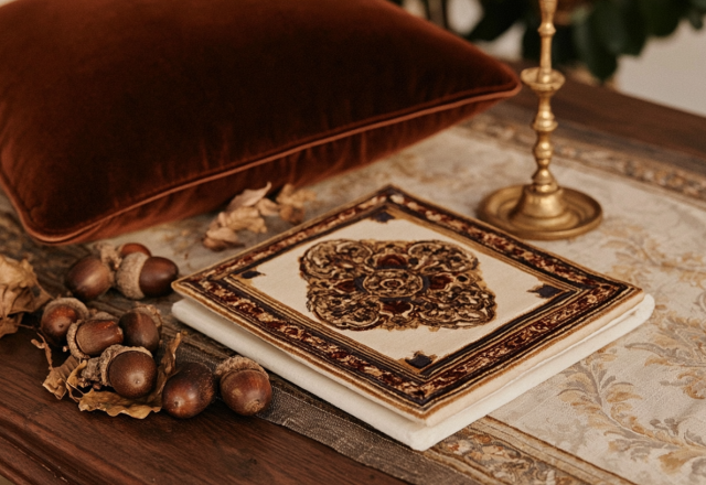 Fall table runner styling featuring an ornate book, brass candlestick, acorns, and a rust velvet pillow on a rustic wooden table.