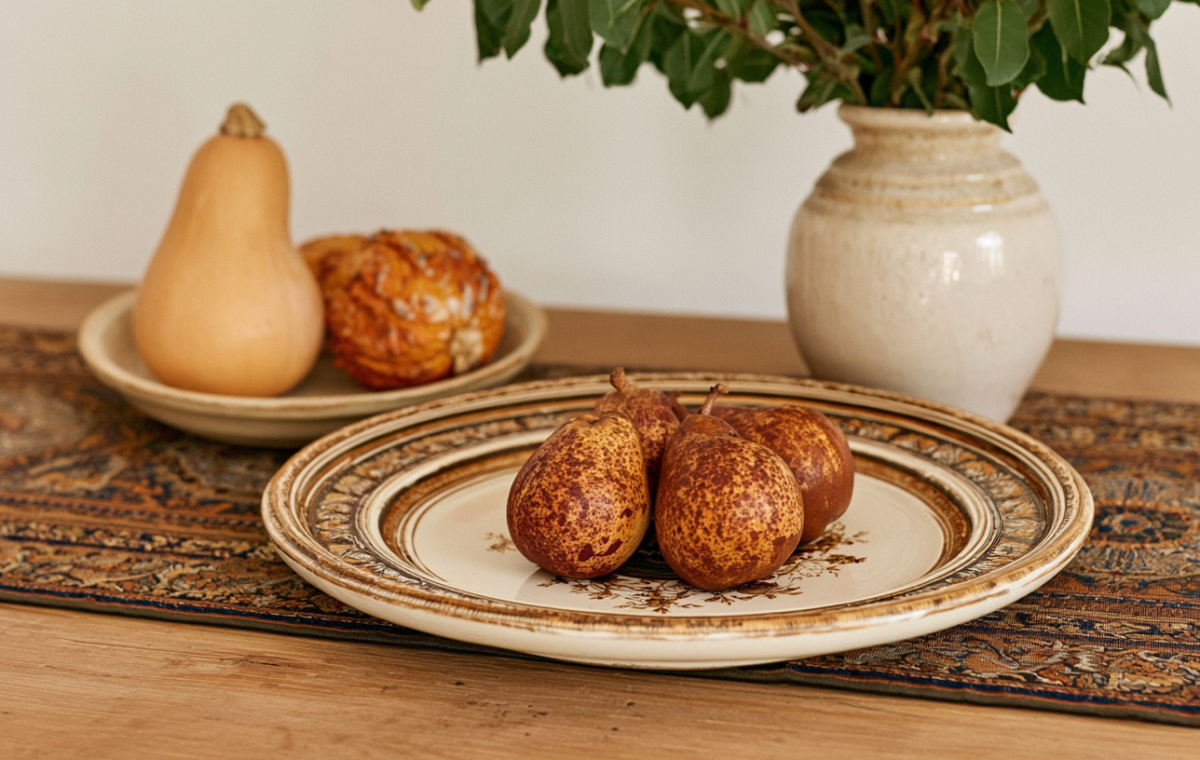 Fall tabletop styling featuring speckled pears, a ceramic vase with greens, and a squash on a wood console