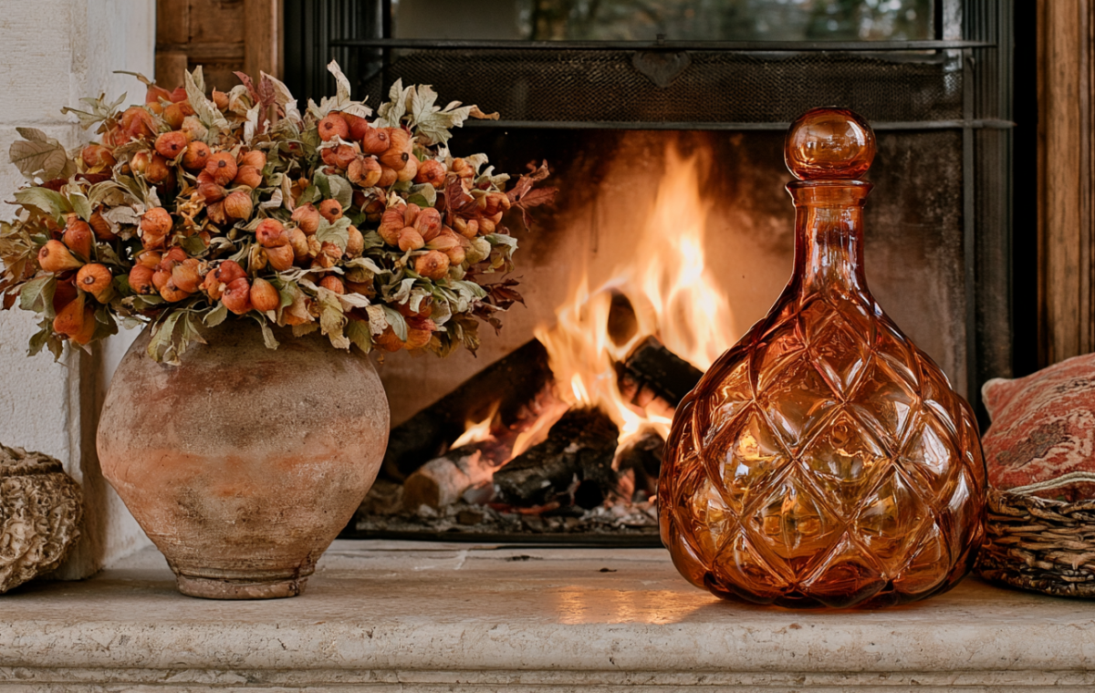 Fireplace mantel styling featuring a rustic clay vase with dried botanicals and an amber glass decanter.