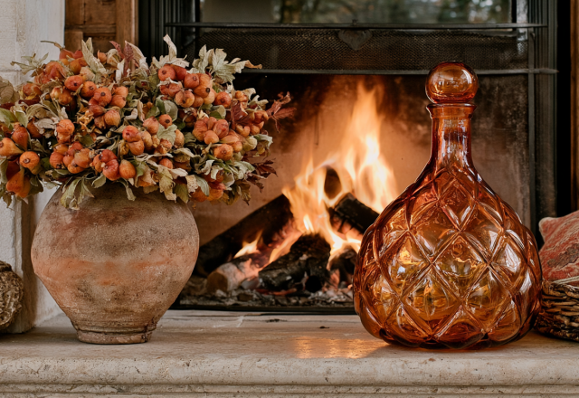 Fireplace mantel styling featuring a rustic clay vase with dried botanicals and an amber glass decanter.