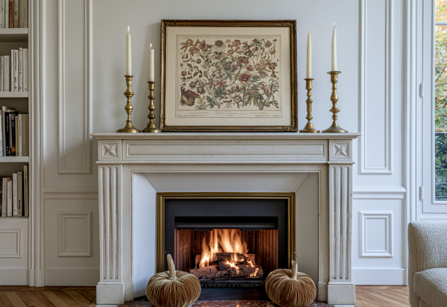 Elegant French fireplace mantle decor featuring antique brass candlesticks and framed botanical art in a white living room