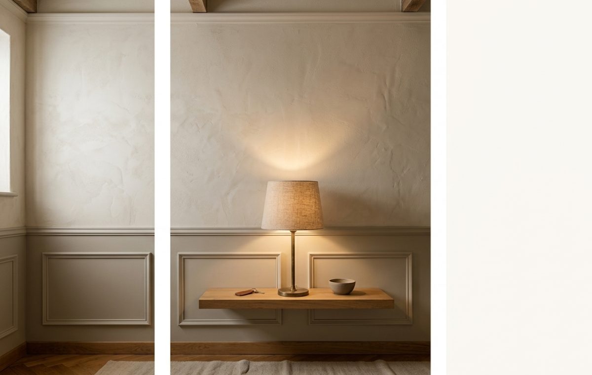 Floating entryway shelf in natural oak with a brass table lamp against limewash and wainscoting