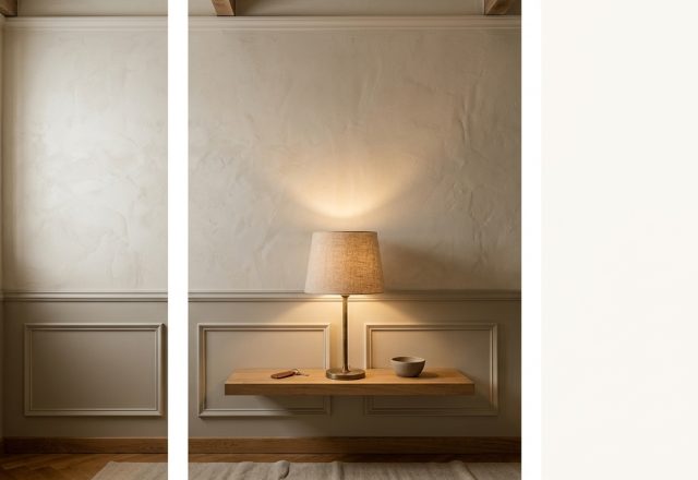 Floating entryway shelf in natural oak with a brass table lamp against limewash and wainscoting