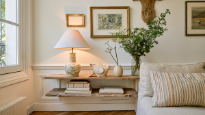 Floating wooden shelves styled with books, a table lamp, and greenery in a bright living room.