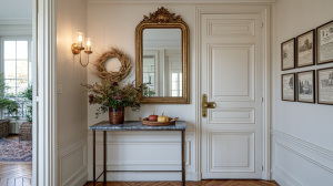Elegant foyer decorating ideas featuring a marble console table, gold mirror, and brass wall sconces in a transitional home.