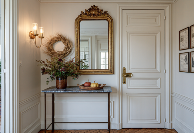 Elegant foyer decorating ideas featuring a marble console table, gold mirror, and brass wall sconces in a transitional home.