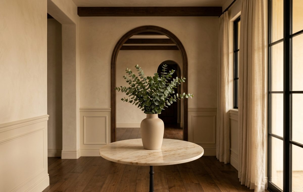 Sophisticated foyer styling ideas featuring a round marble table and eucalyptus in a minimalist neutral hallway.