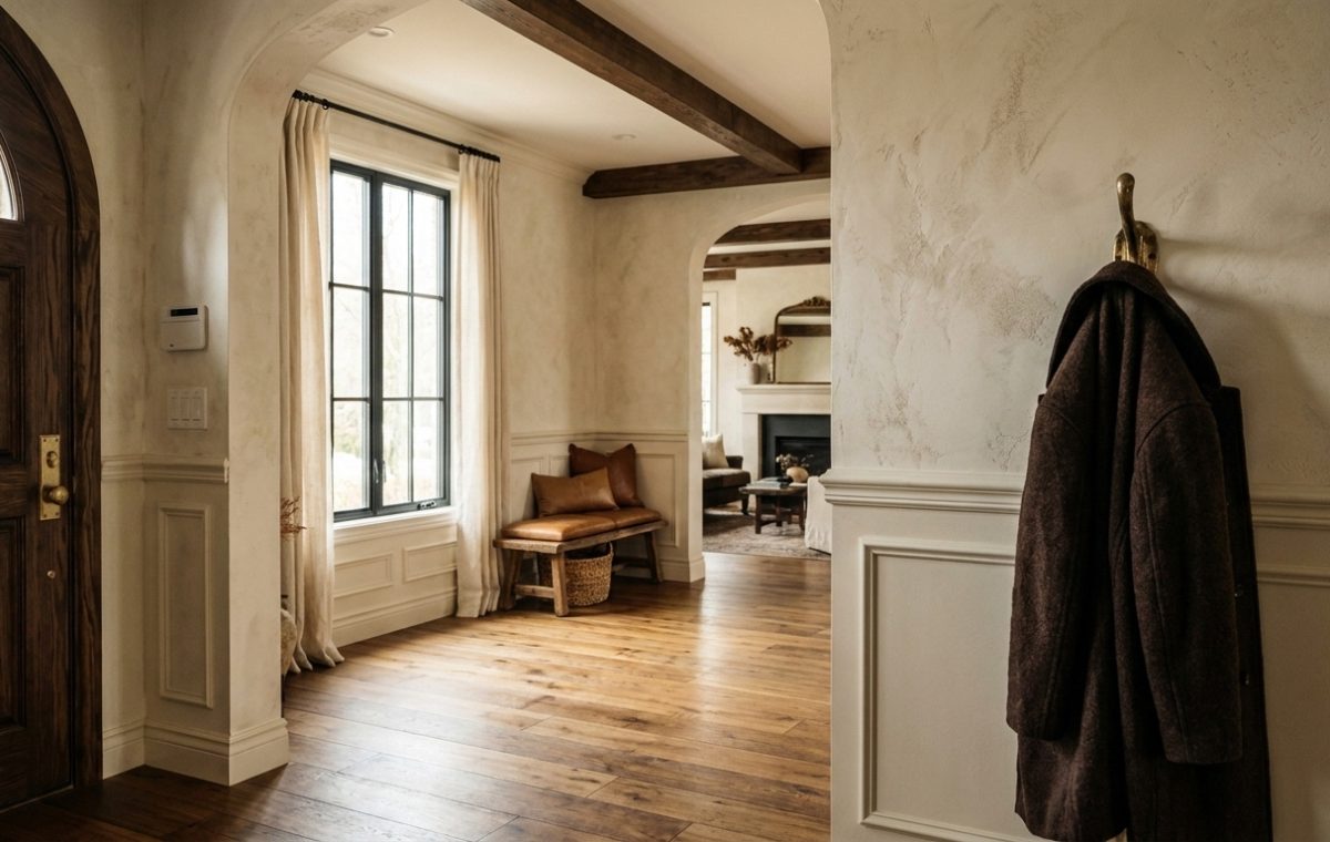 Elegant foyer wainscoting and hardwood floors in a transitional home entryway with arched doorways.