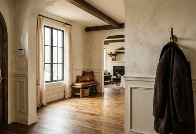 Elegant foyer wainscoting and hardwood floors in a transitional home entryway with arched doorways.