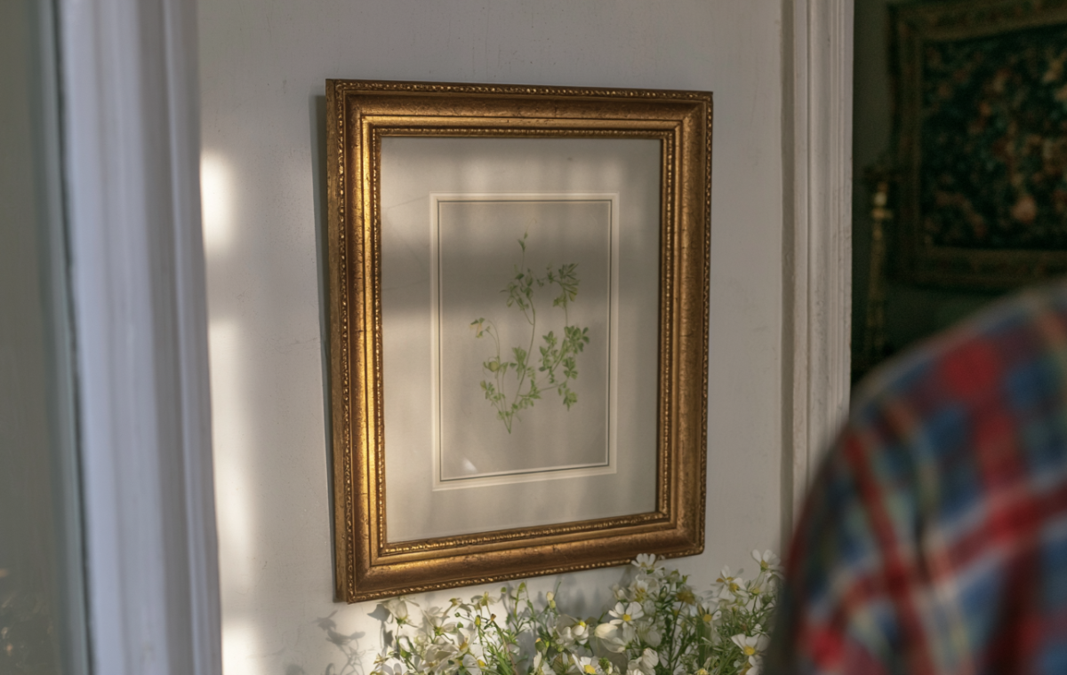 Framed botanical art print hanging on a white wall above fresh flowers in a home hallway.