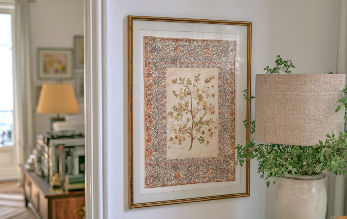 Framed botanical art hanging on a neutral hallway wall next to a lamp and greenery