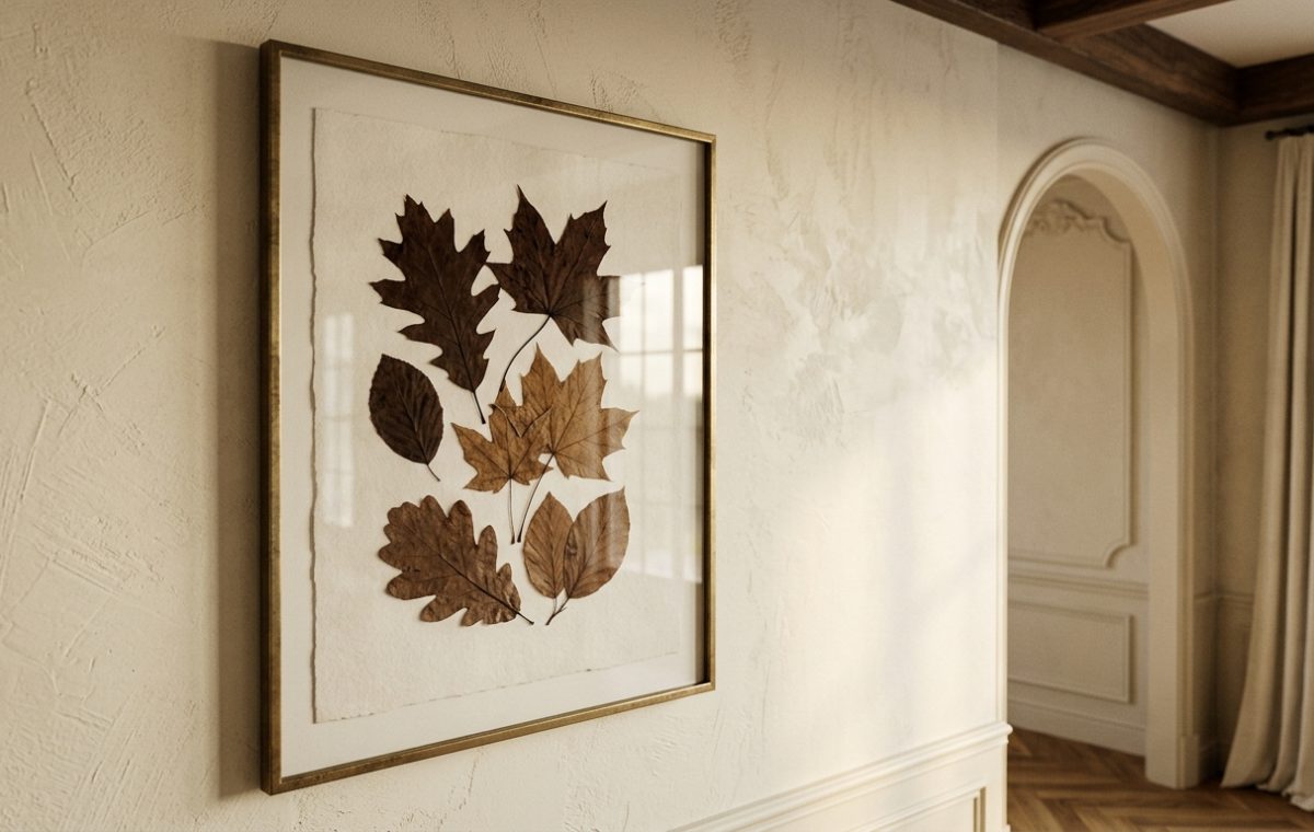 Large floating frame showcasing pressed leaf art mounted on a warm neutral plaster wall in a modern hallway.