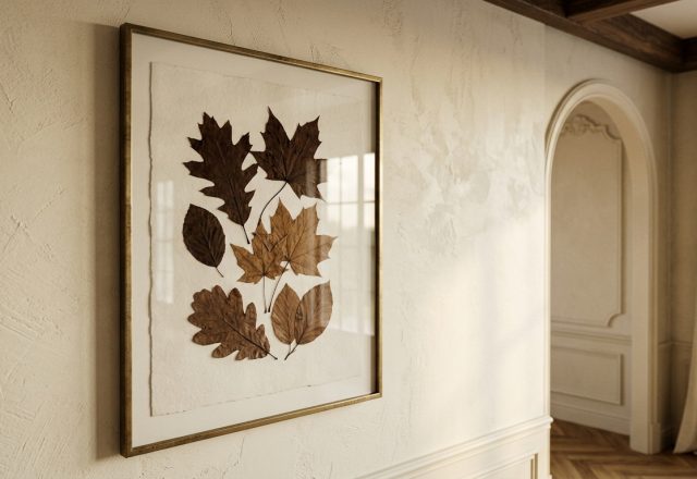 Large floating frame showcasing pressed leaf art mounted on a warm neutral plaster wall in a modern hallway.