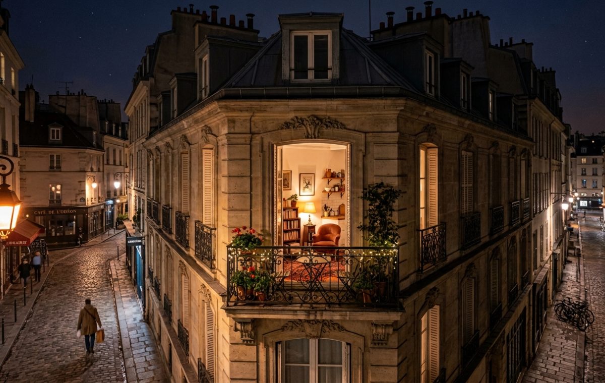 French apartment balcony decor with warm lighting overlooking a historic Parisian street at night.