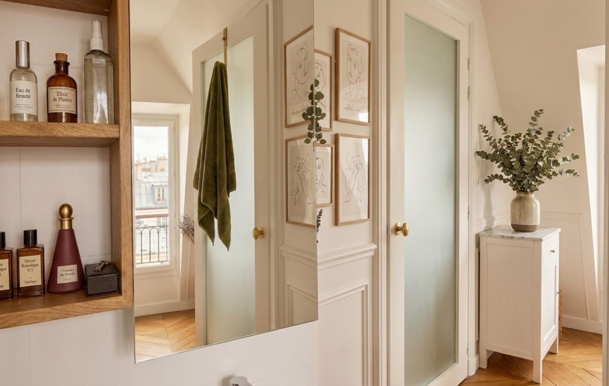 French apartment bathroom decor featuring open wooden shelves, apothecary bottles, and herringbone wood floors.