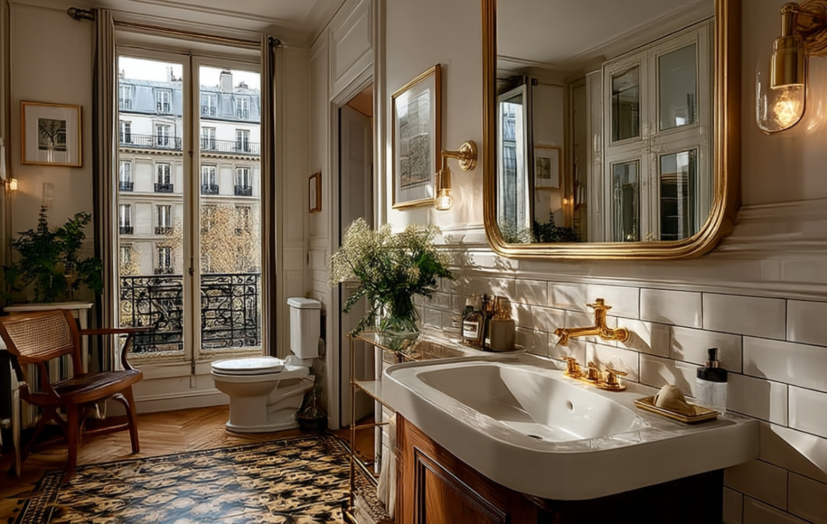 Bright French apartment bathroom design with brass fixtures, subway tiles, and a window view of Paris streets.