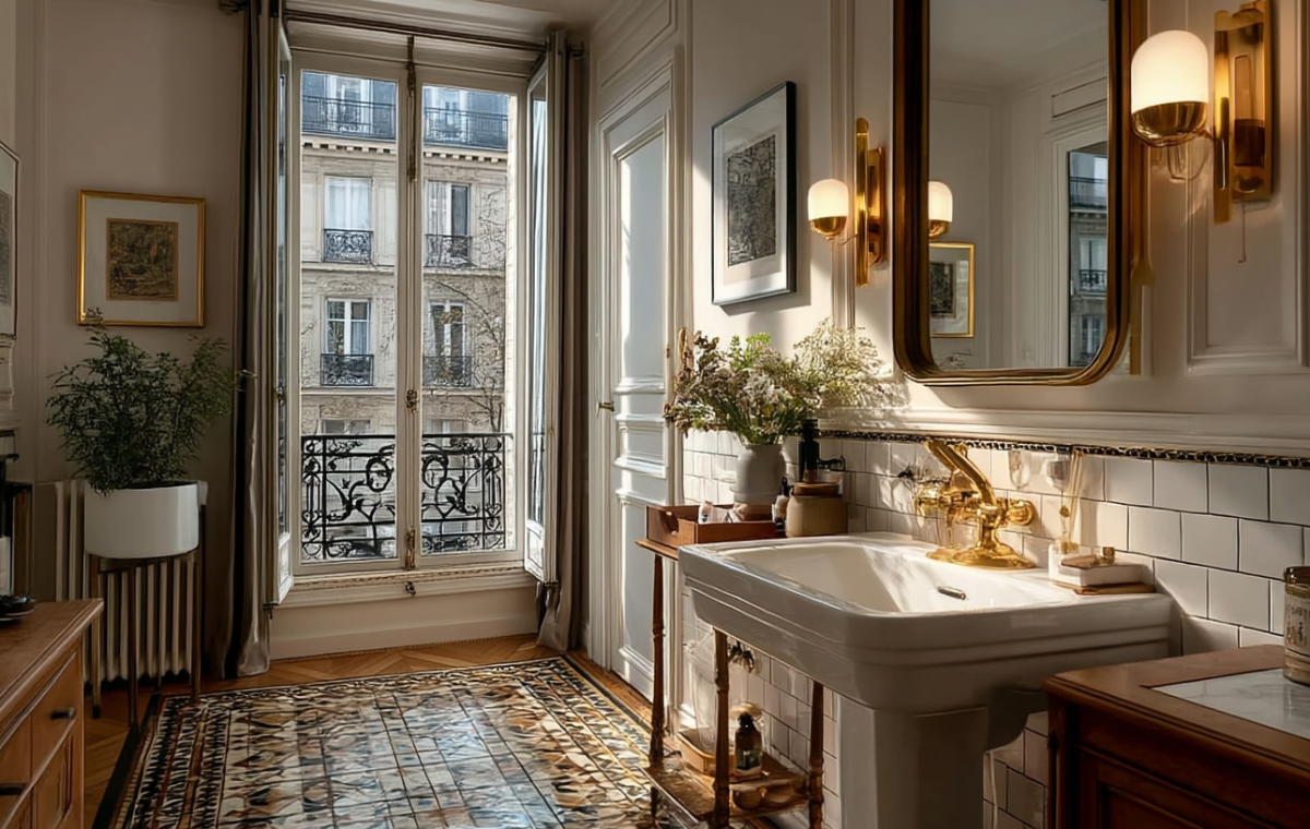 French apartment bathroom design featuring brass fixtures, vintage floor tiles, and a pedestal sink next to a large window.