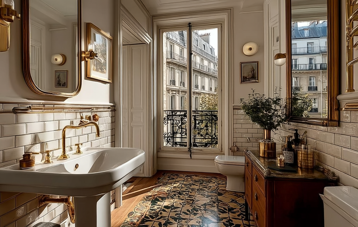 Bright French apartment bathroom featuring a white pedestal sink, brass fixtures, subway tile, and a vintage wooden vanity.
