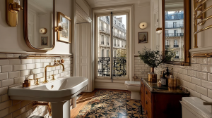 Bright French apartment bathroom featuring a white pedestal sink, brass fixtures, subway tile, and a vintage wooden vanity.