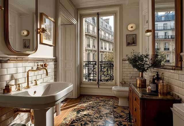 Bright French apartment bathroom featuring a white pedestal sink, brass fixtures, subway tile, and a vintage wooden vanity.