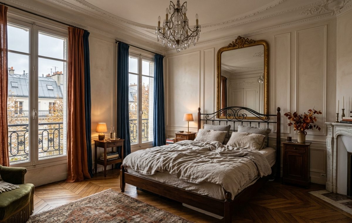 French apartment bedroom design featuring an iron bed frame and gold mirror