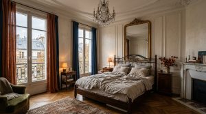 French apartment bedroom design featuring an iron bed frame and gold mirror