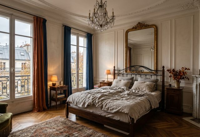 French apartment bedroom design featuring an iron bed frame and gold mirror
