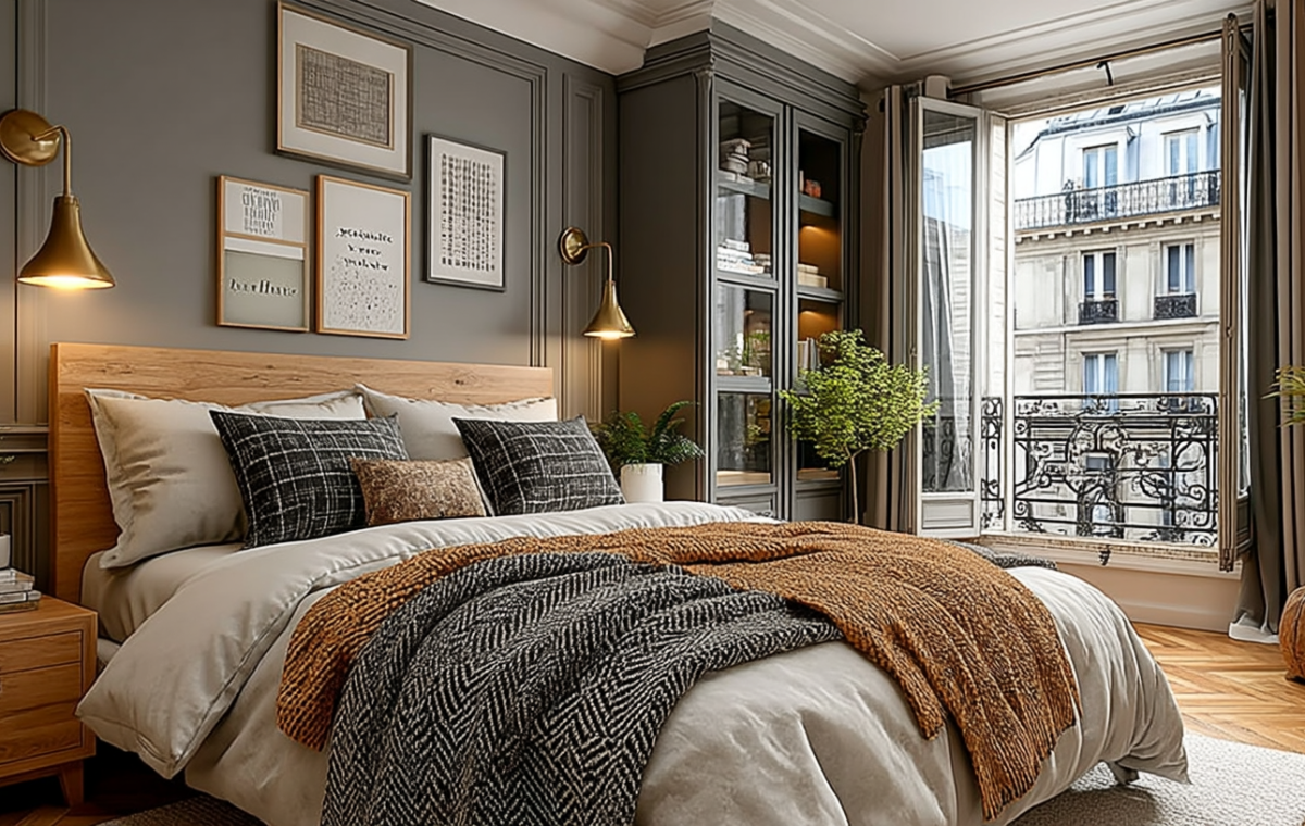 French apartment bedroom design featuring gray walls, brass sconces, and a classic window overlooking a street.