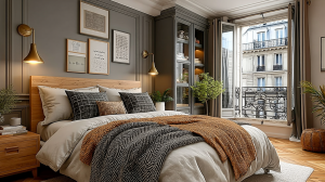 French apartment bedroom design featuring gray walls, brass sconces, and a classic window overlooking a street.