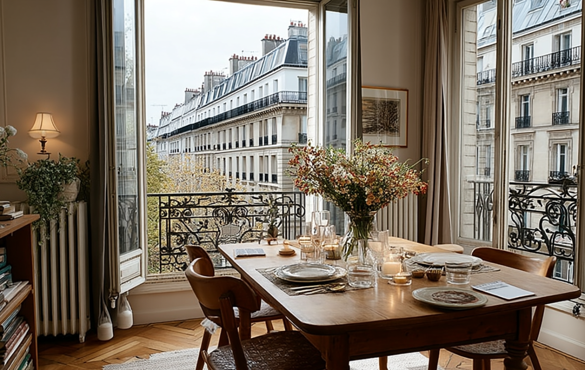 Bright French apartment dining room with wooden table and historic windows overlooking the city street.