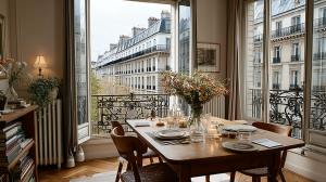 Bright French apartment dining room with wooden table and historic windows overlooking the city street.