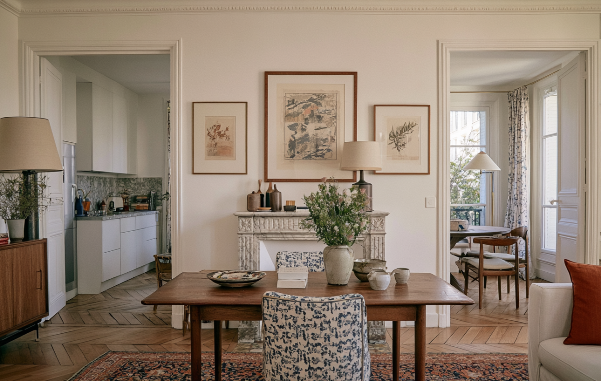 Bright French apartment dining room featuring a rustic wooden table, marble fireplace, and herringbone parquet floors.