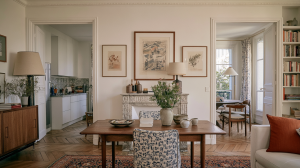 Bright French apartment dining room featuring a rustic wooden table, marble fireplace, and herringbone parquet floors.
