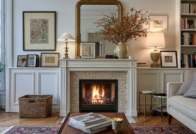 French apartment fireplace mantel decor with antique mirror and art in a living room