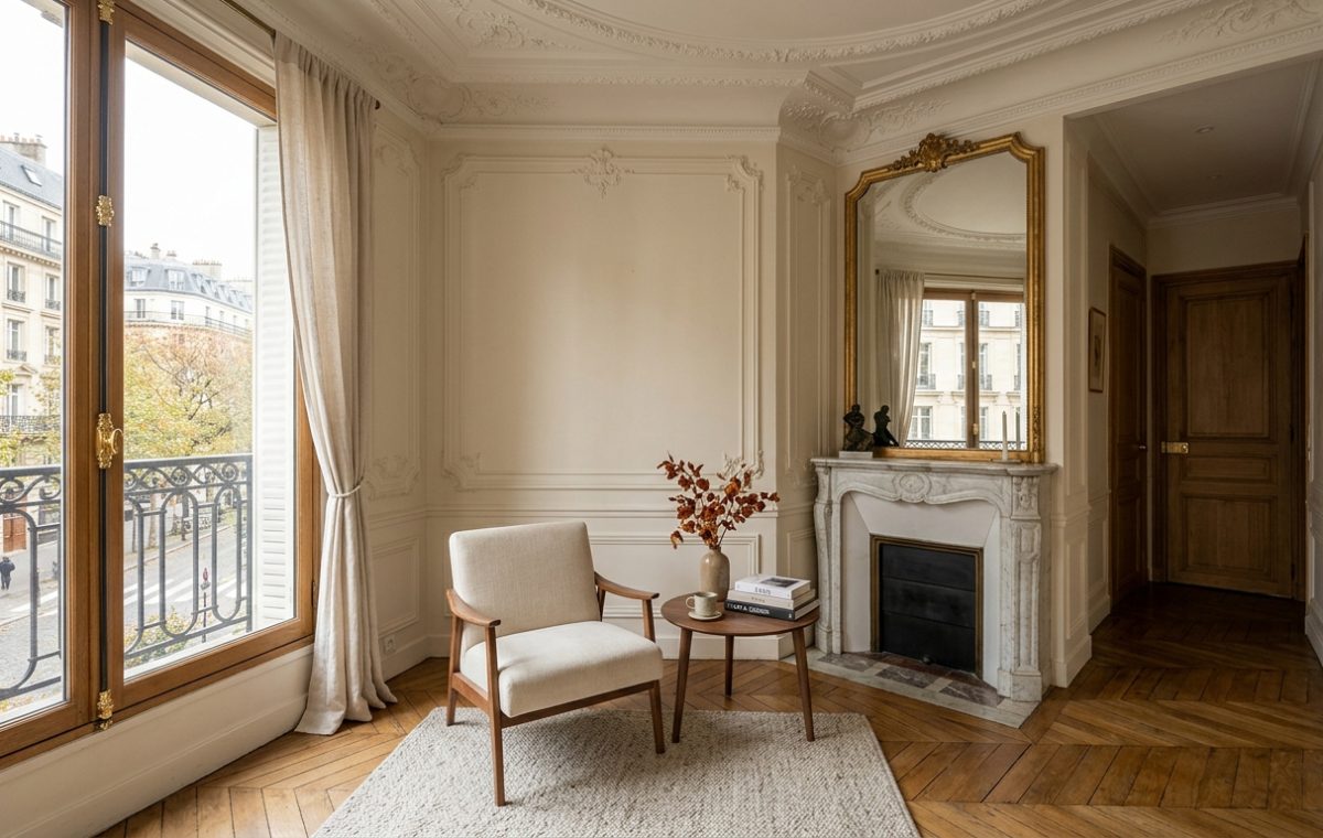 French apartment fireplace mantel styling featuring a gold mirror and chevron flooring in a Haussmann living room.