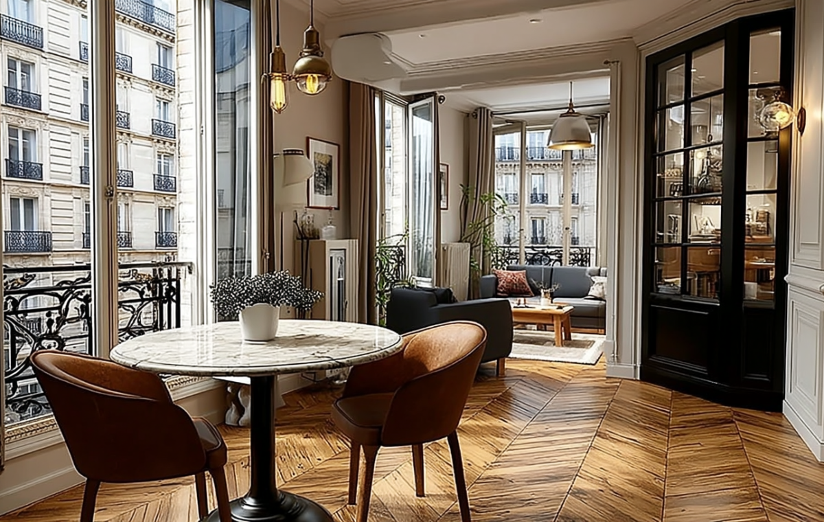 French apartment herringbone flooring in a bright living room with tall windows and a marble dining table