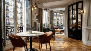 French apartment herringbone flooring in a bright living room with tall windows and a marble dining table