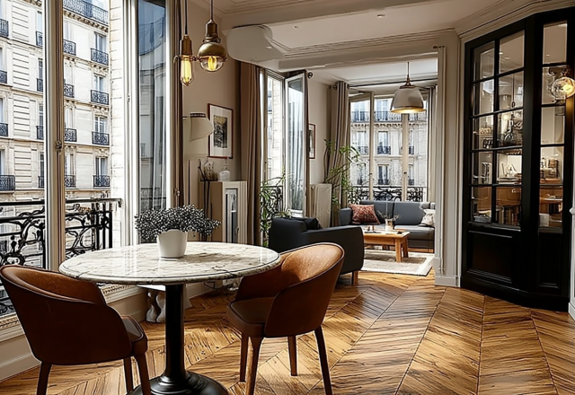 French apartment herringbone flooring in a bright living room with tall windows and a marble dining table