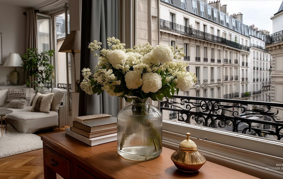 French apartment interior decor featuring a glass vase with white peonies on a wooden console table overlooking a Parisian street.