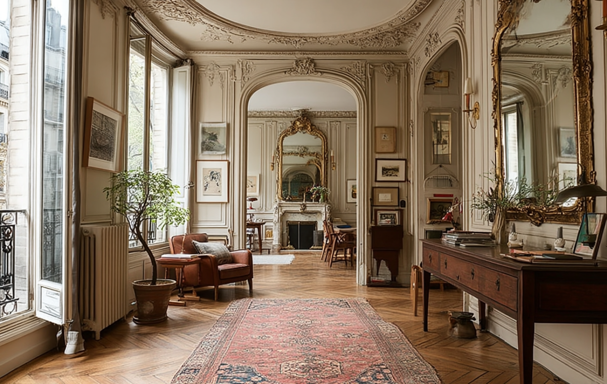 French apartment interior design featuring parquet flooring and ornate moldings