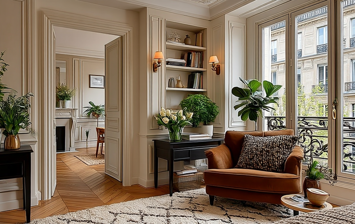 French apartment interior design featuring neutral walls, herringbone floors, and a rust armchair.