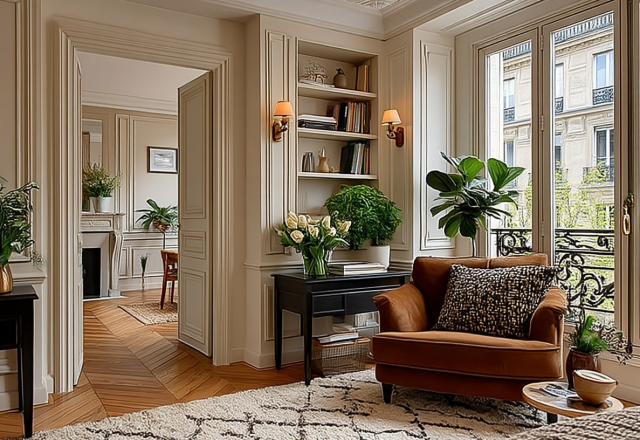 French apartment interior design featuring neutral walls, herringbone floors, and a rust armchair.
